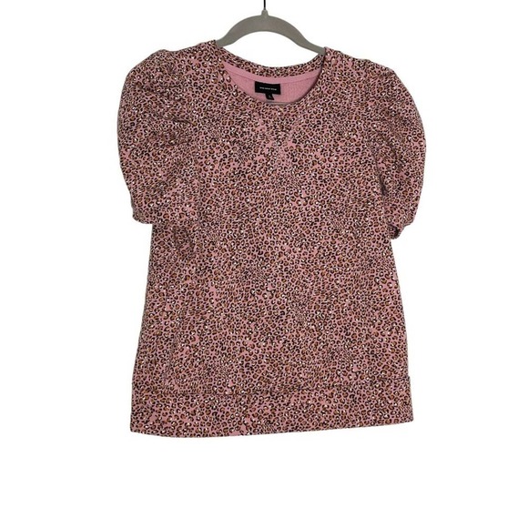 WHO WHAT WEAR | PLEATED PUFF SLEEVE TEE SHIRT TOP PINK‎ LEOPARD PRINT S - Picture 1 of 7